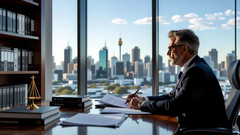 Criminal defence lawyer reviewing self-defence case file in Sydney law firm office