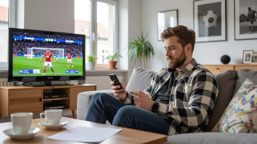 Dansk mand i moderne lejlighed placerer sportsbetting på smartphone med skattemæssige dokumenter