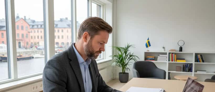 Svensk professionell person som granskar pensionsdokument på kontoret