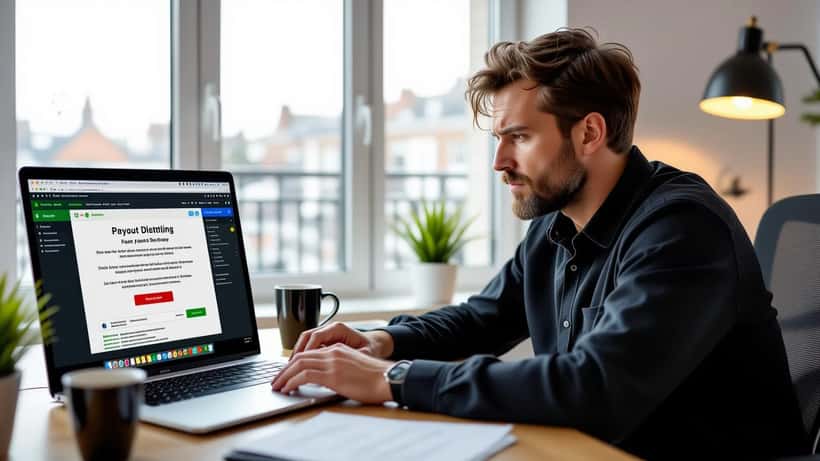 British man frustrated looking at sports betting app on smartphone with complaint documents on table