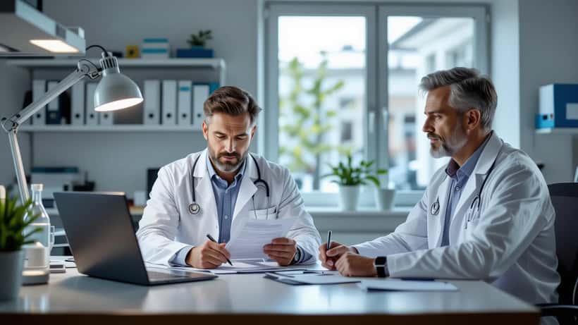 Physician reviewing an elevated muscle-enzyme blood-test report with a patient at a clinic desk