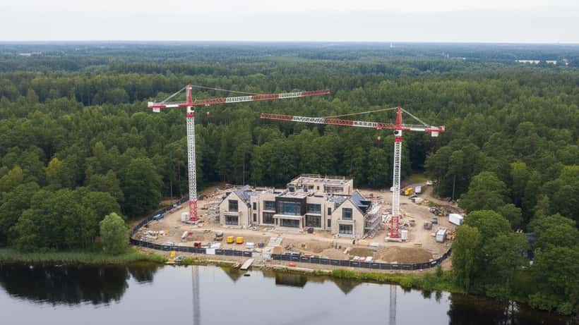 Luksusvillabyggeri ved Silkeborg sø i Danmark set fra luften