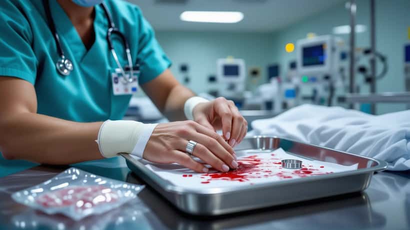 Sjuksköterska lindar om en patients skadade hand med en metallring och kompresser på en bricka bredvid