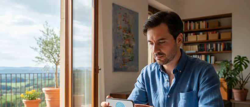 Persona italiana usa smartphone per autenticarsi con app identità digitale