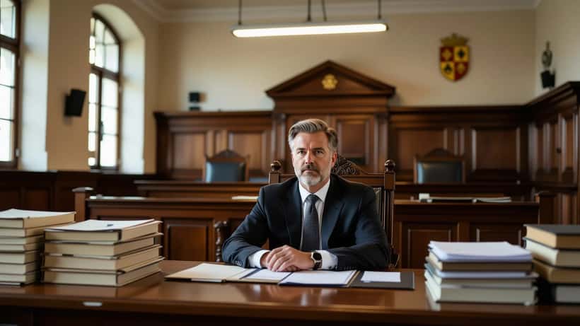 Mann im Anzug auf der Anklagebank in einem deutschen Gerichtssaal mit Aktenmappen und juristischen Dokumenten