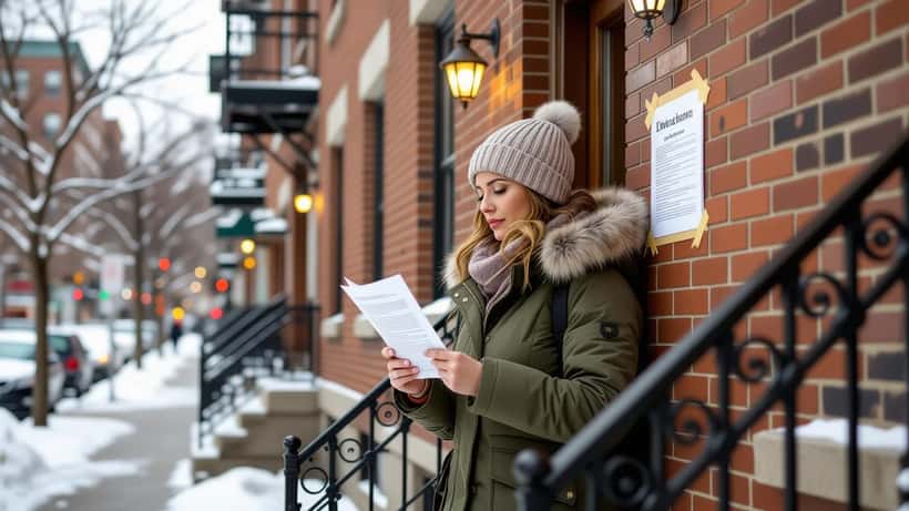 Femme québécoise lisant un avis d'expulsion sur son immeuble à Montréal