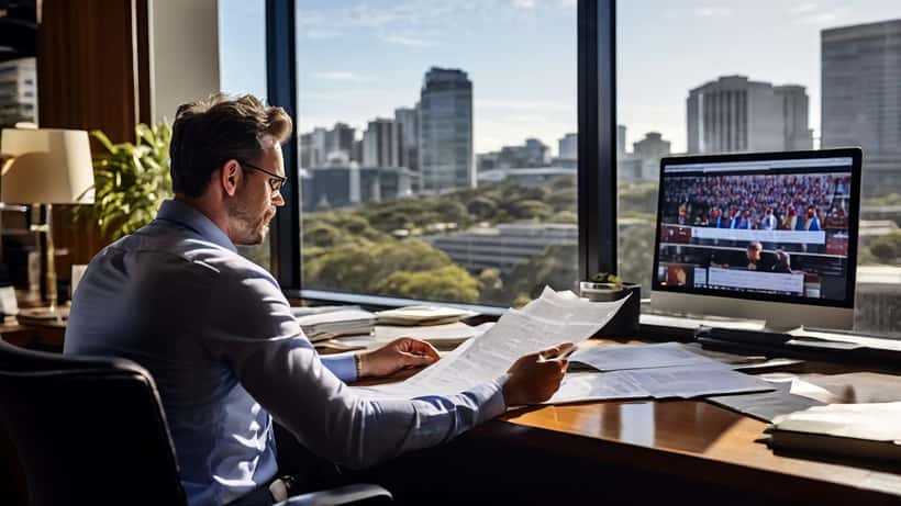Sports lawyer reviewing documents with Premier League football match on screen in Sydney office