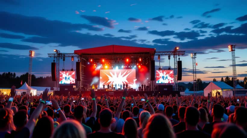Großes Hardstyle-Festival bei Dämmerung mit beleuchteter Hauptbühne, Sicherheitsbarrieren und Besuchern