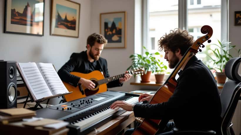 Musicien et conseiller en patrimoine examinant des documents de succession dans un studio à Montréal