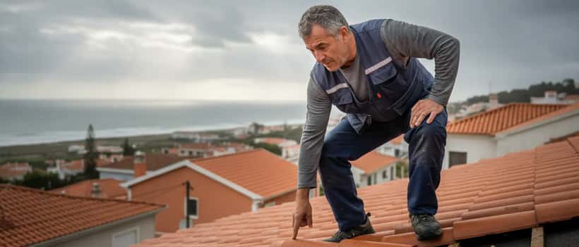 Proprietário inspecionando danos no telhado após tempestade em Portugal