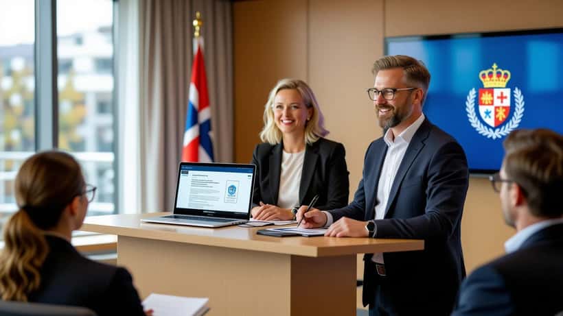 Norsk myndighetsperson presenterer KI Norge og AI Act-regelverk på pressekonferanse i Oslo