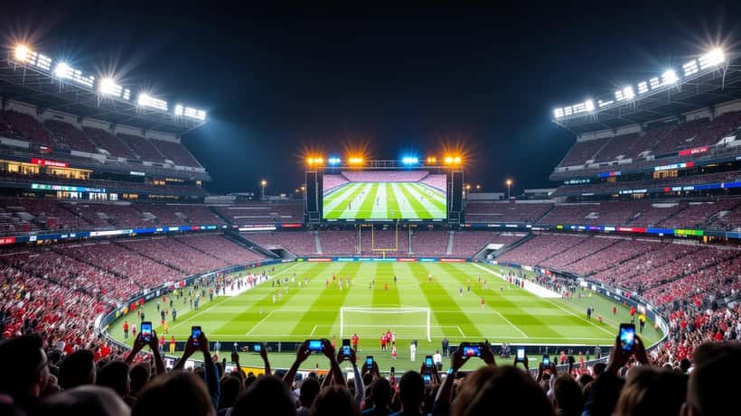 Fullsatt fotbollsarena på kvällen under halvtidsshow med scenljus och högtalartorn på VM-finalen 2026