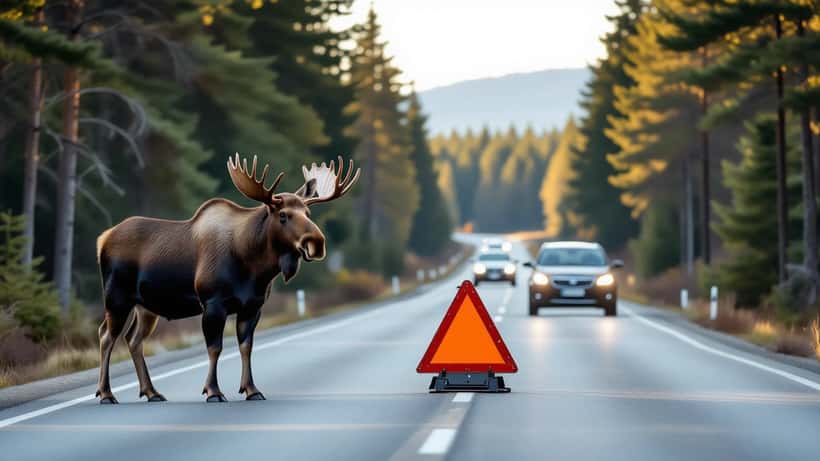 Elg i veibanen på E6 i Norge ved daggry med varseltrekant i bakgrunnen