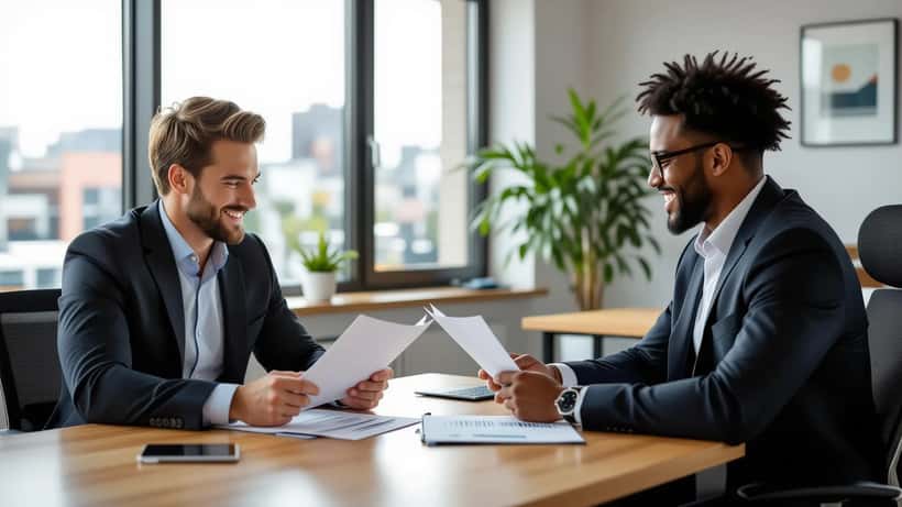 Atleta profesional revisando documentos de contrato y portafolio de inversiones con asesor financiero