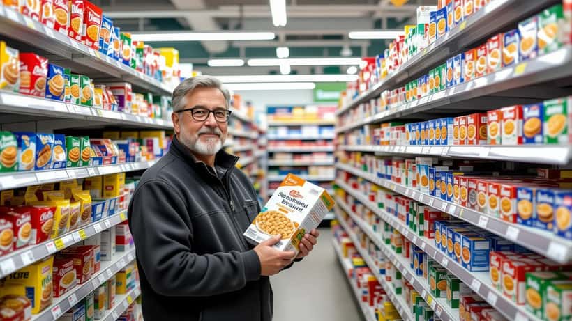 Homme lisant la liste d'ingrédients d'une boîte de céréales sucrées dans une épicerie