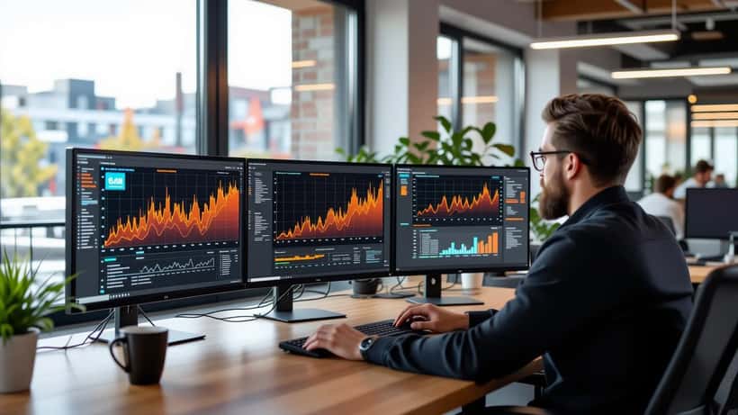 IT-Experte analysiert Uber-Preisalgorithmus auf Bildschirm in modernem Büro