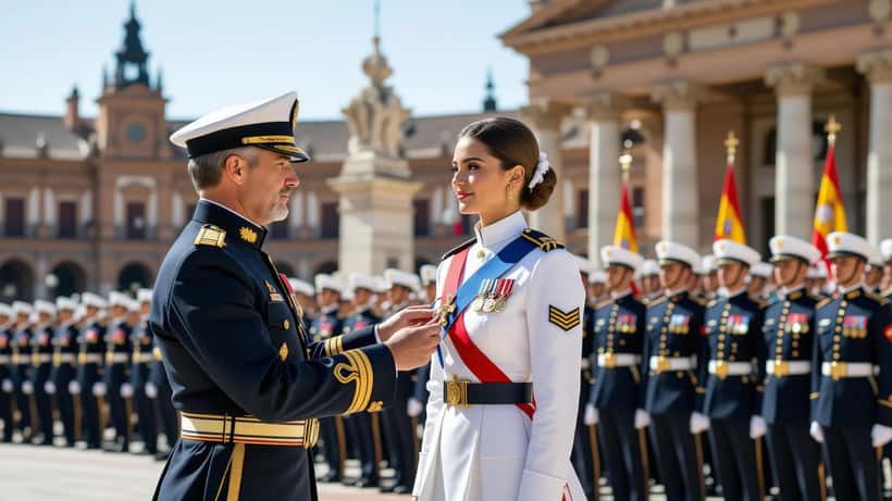 Ung kvinna i vit marinuniform tar emot ceremoniellt storkors vid statlig medaljceremoni i Spanien