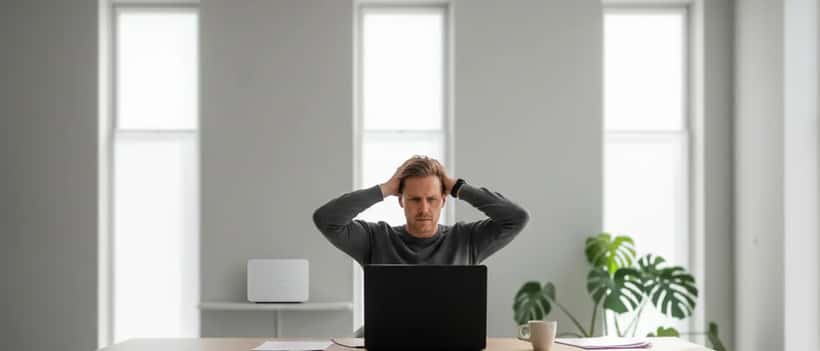 Man thuis achter laptop gefrustreerd door internetstoring van Ziggo of KPN