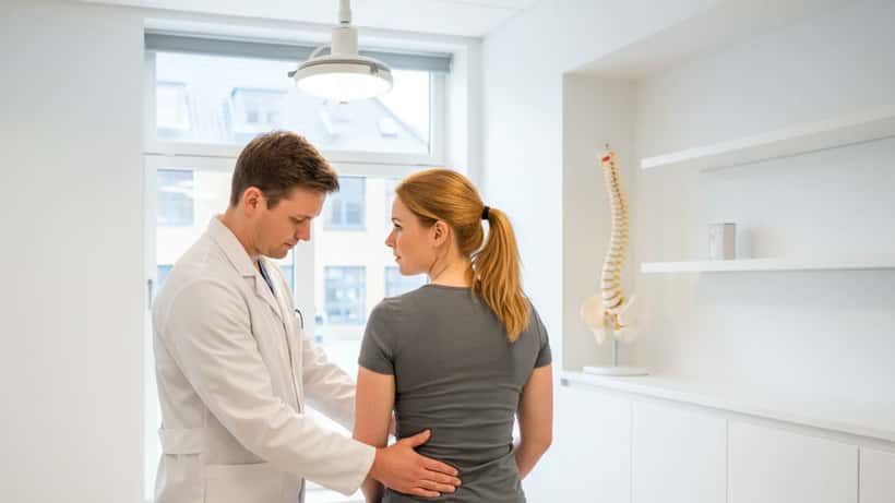 Kvinde undersøges af læge for rygskade i moderne klinik i København