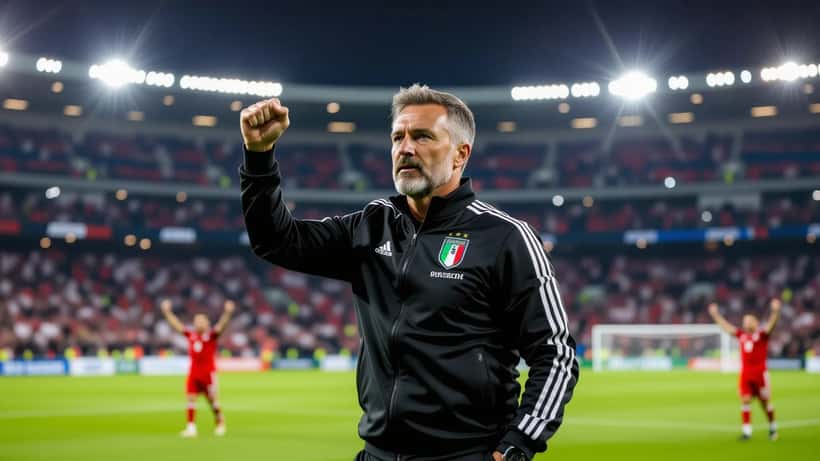 Allenatore italiano che esulta sul bordo del campo dopo la vittoria del campionato portoghese