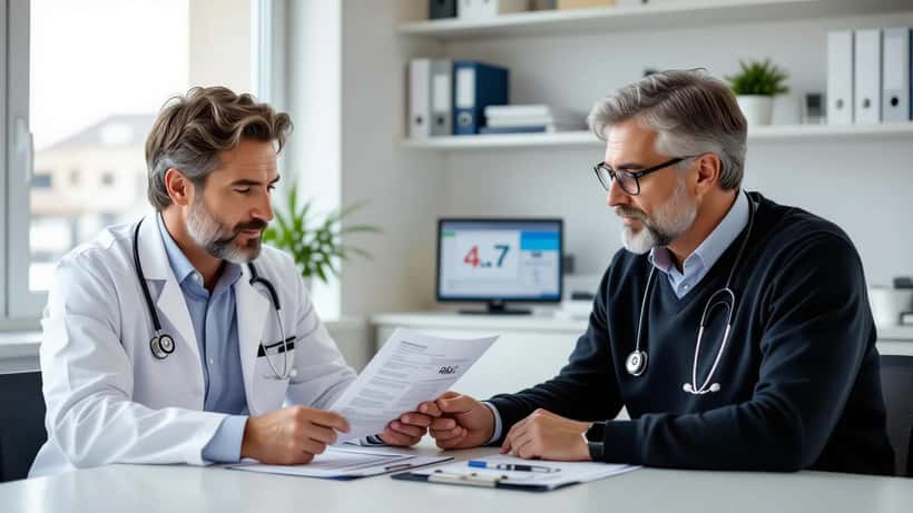Médecin et patient examinant des résultats de test PSA dans un cabinet médical parisien