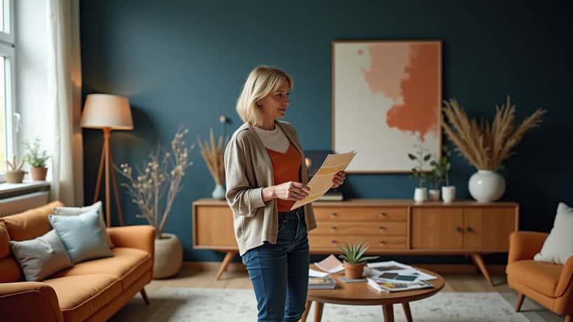 Sisustussuunnittelija tarkastelee värikarttoja helsinkiläisessä kodissa