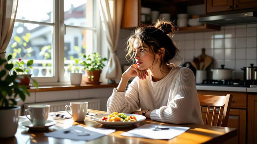 Mulher brasileira sentada à mesa de cozinha olhando reflexivamente para prato de comida, luz da manhã