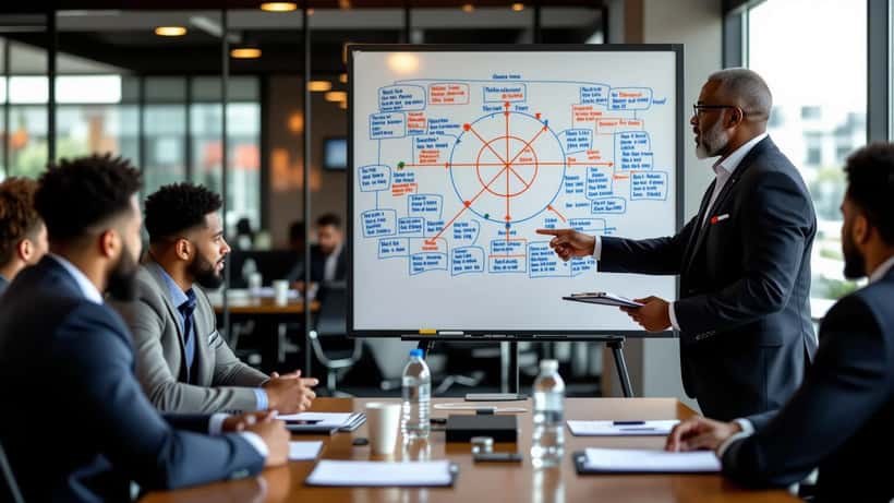NBA basketball coach drawing up plays on whiteboard during team meeting