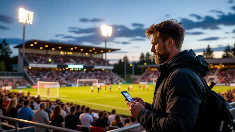 Fani Tammela Stadionin ulkopuolella lippu kädessä ja huolestunut ilme