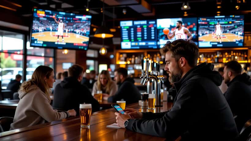 Un homme consulte une app de paris sportifs sur smartphone dans un bar suisse pendant un match NBA