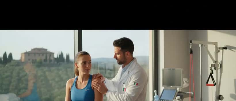 Medico sportivo che esamina la spalla di un tennista professionista in clinica