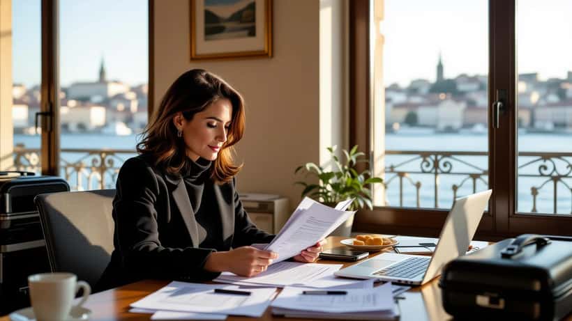 Emigrante portuguesa revê documentos fiscais em escritório doméstico em Lisboa com mala de viagem ao fundo