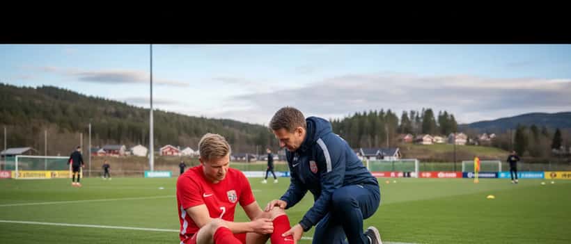 Norsk fotballspiller sitter på gresset og holder i kneet etter skade mens trener undersøker