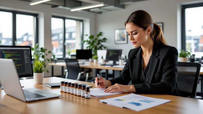 Frau untersucht funktionale Shot-Fläschchen neben EU-Rechtsunterlagen auf einem Münchner Startup-Tisch