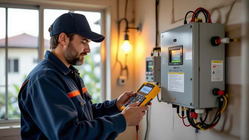 Técnico em eletrônicos examinando inversor solar com multímetro durante tempestade geomagnética