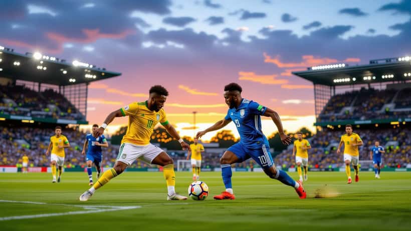 Match amical Brésil Écosse 2026 sur un terrain de football au coucher du soleil
