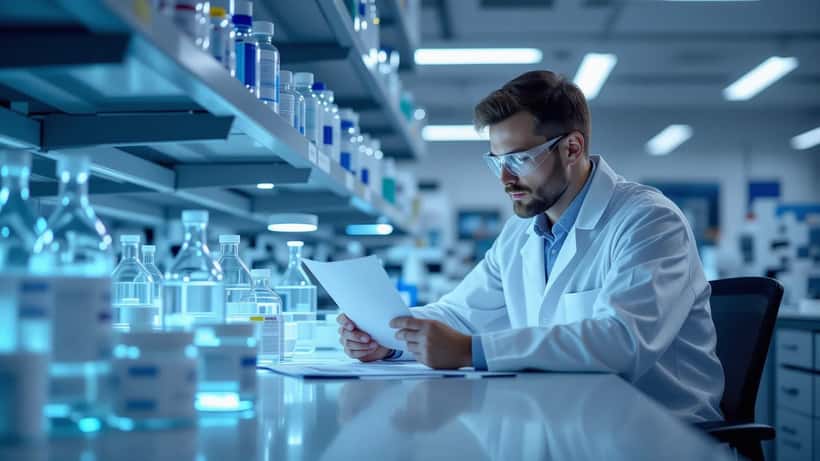 Chemiker in weißem Laborkittel prüft Kündigungsunterlagen in einem Pharmaunternehmen in Tirol