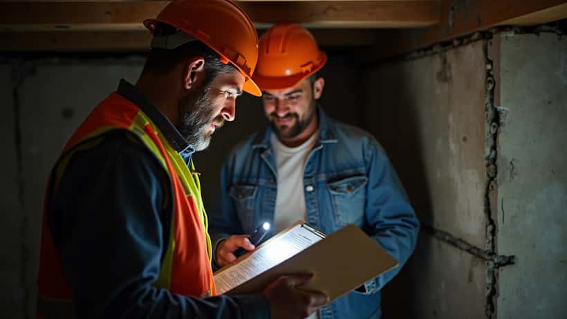 Home inspector examining foundation and seismic retrofit bracing in a crawl space in Vancouver