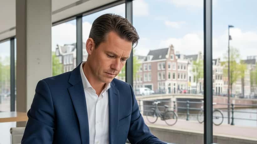 Advocaat die een muziekcontract bespreekt met een artiest in een modern Amsterdam kantoor