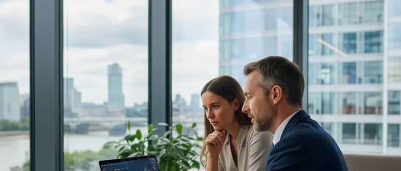 British financial adviser reviewing cryptocurrency investment charts with a client in a modern London office