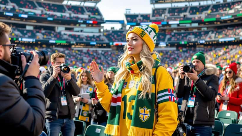 Isabel Johansen apoiando Haaland na Copa 2026 enquanto fotógrafos capturam sua imagem nas arquibancadas
