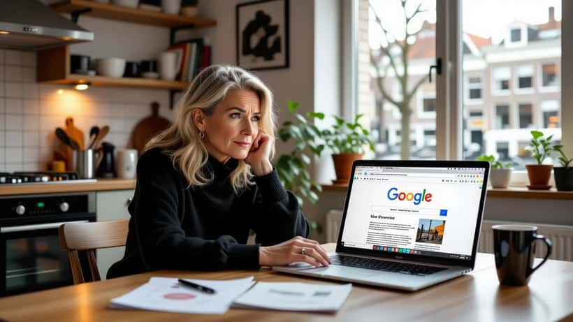 Vrouw in Amsterdam kijkt bezorgd naar laptop met Google zoekresultaten over oud krantenartikel