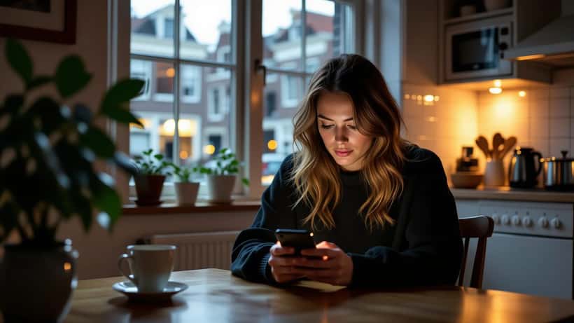 Vrouw scrollt laat in de avond door nieuws op smartphone, zichtbaar vermoeid en gestrest
