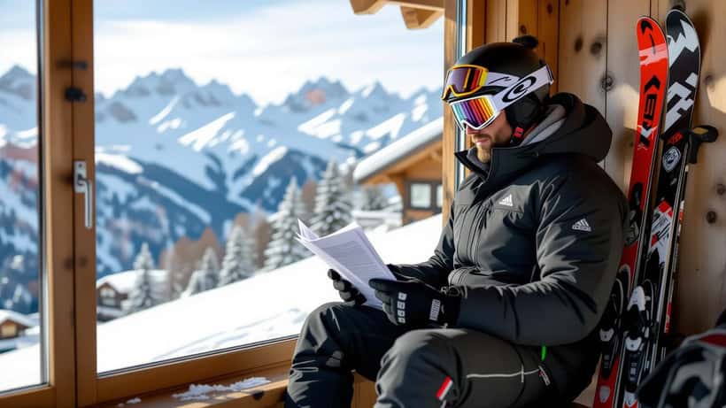 Skieur alpin en veste de ski et genouillère dans un chalet suisse, révisant des documents financiers, sommets enneigés en arrière-plan