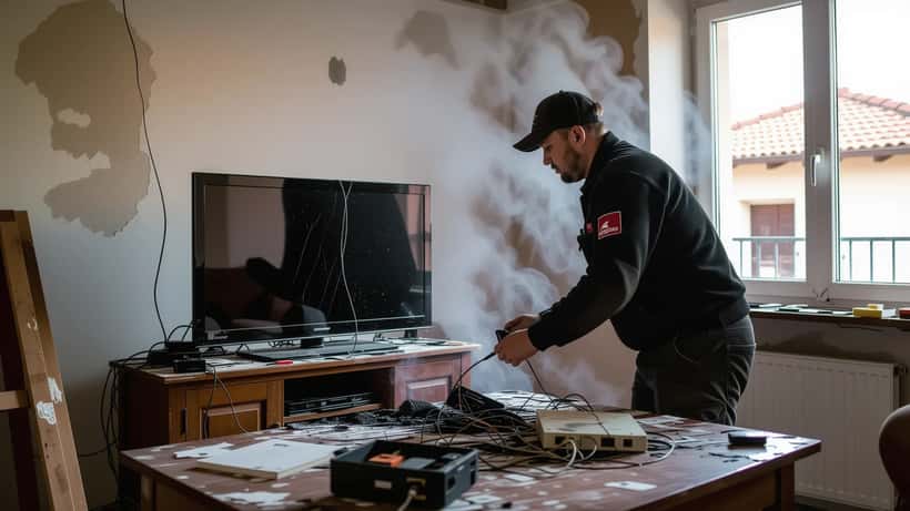 Technicien inspectant un téléviseur et un ordinateur portable couverts de suie après un incendie près de Mérignac