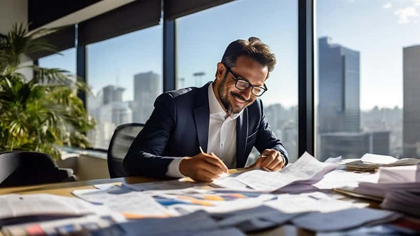 Consultor financeiro revisando documentos tributários em escritório moderno em São Paulo
