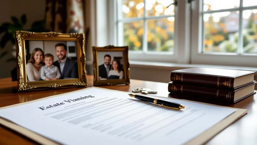 Documentos de testamento y fideicomiso familiar sobre un escritorio con una foto de familia y llaves de casa