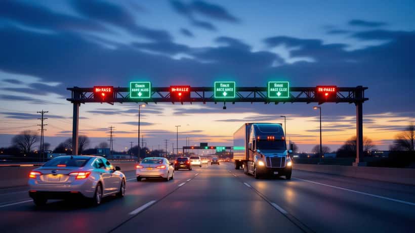 Cabina de peaje del Illinois Tollway con tráfico y un camión al atardecer cerca de Chicago