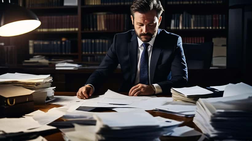 Australian lawyer reviewing search warrant documents in a Melbourne law office