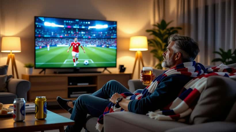 Australian fan clutching his chest watching Belgium vs Senegal World Cup 2026 on TV late at night